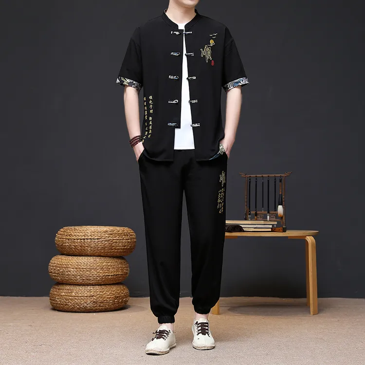 中国风套装男士2025夏季新款复古刺绣中式唐装宽松冰丝短袖两件套
