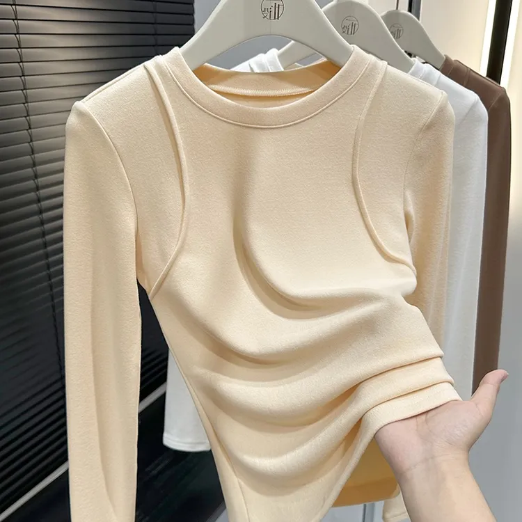 网红时尚炸街女装杏色长袖澳绒打底衫2025年冬季独特漂亮内搭T恤