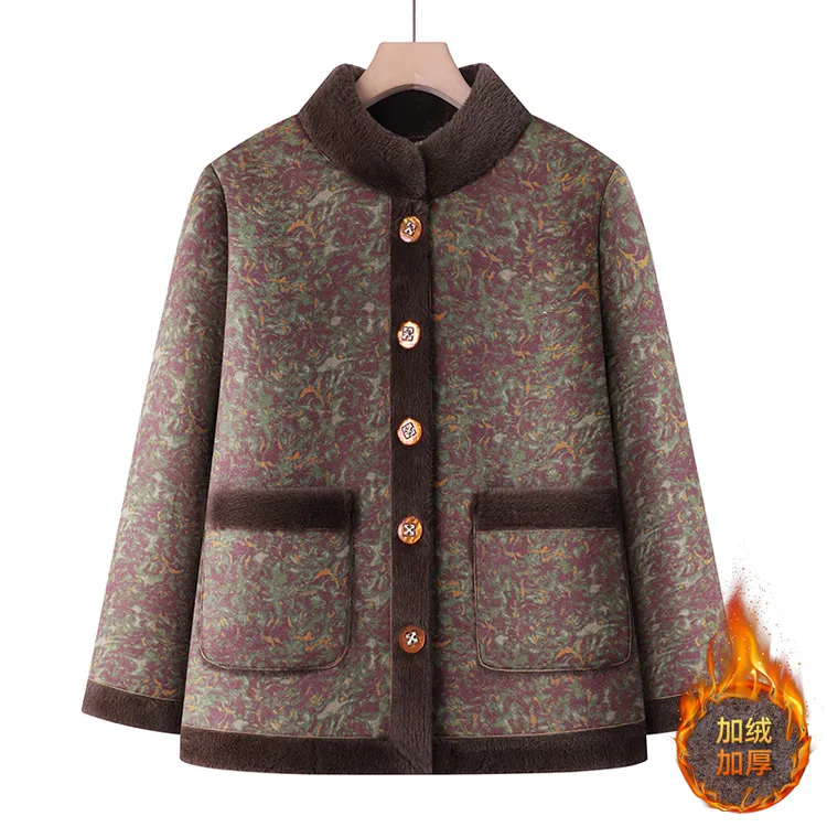 极简风千金风立领花色中老年女装妈妈装女装中老年冬装加绒棉袄