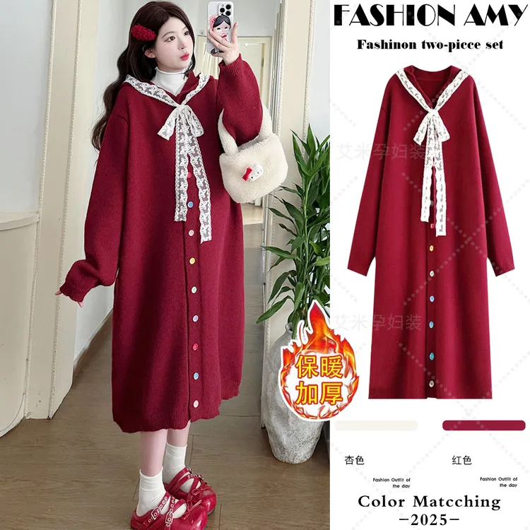 孕妇装冬装新款洋气时尚宽松甜美加厚蝴蝶结红色针织显瘦连衣裙子