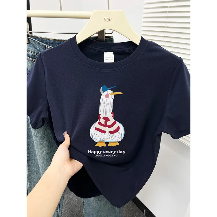 正肩大码短袖t恤女2025夏季新款胖mm遮肚子显瘦洋气印花圆领上衣