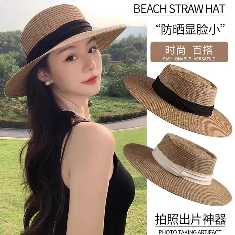 法式平顶草帽2025新款女大头围平檐海边沙滩度假礼帽头部防护用品