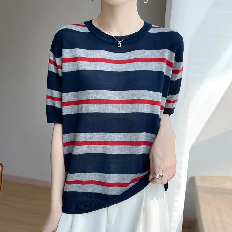 哥弟阿玛施官方夏季新款莱赛尔天丝圆领条纹针织衫时尚洋气短袖女