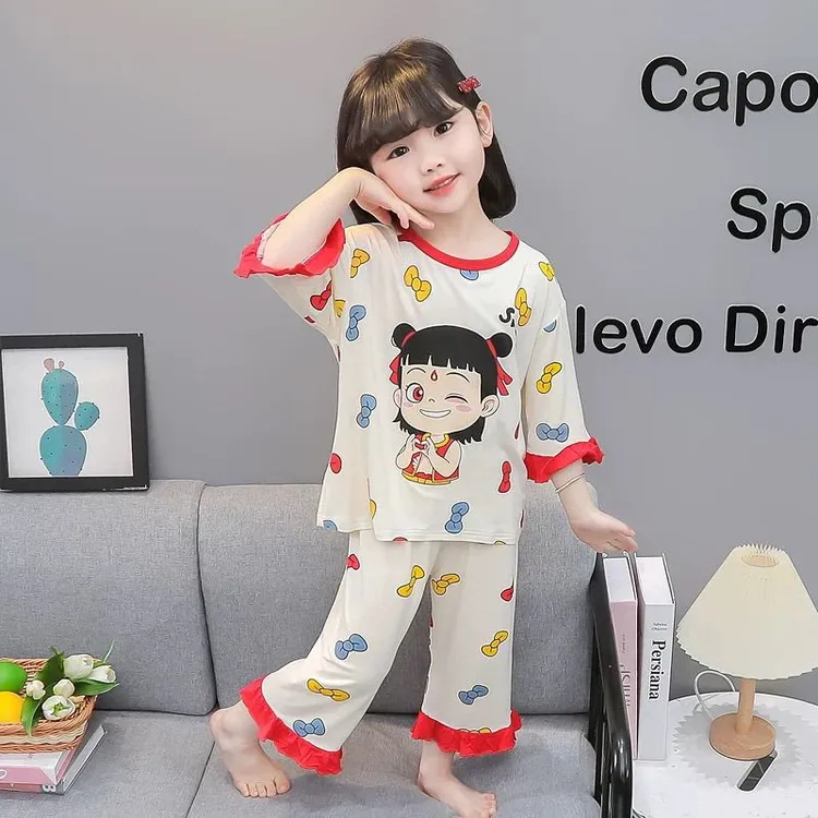 夏季爆款哪吒睡衣冰丝套装2025新款小女孩宝宝卡通七分袖家居服