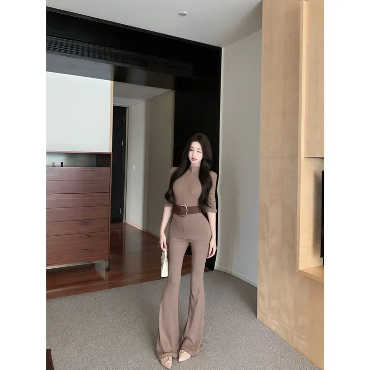 辣妹半高领修身长袖打底T恤上衣高腰休闲微喇叭拖地裤子套装女春