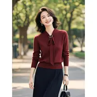 红色系带修身长袖针织衫女夏季新款大方得体轻熟风搭裙子两件套