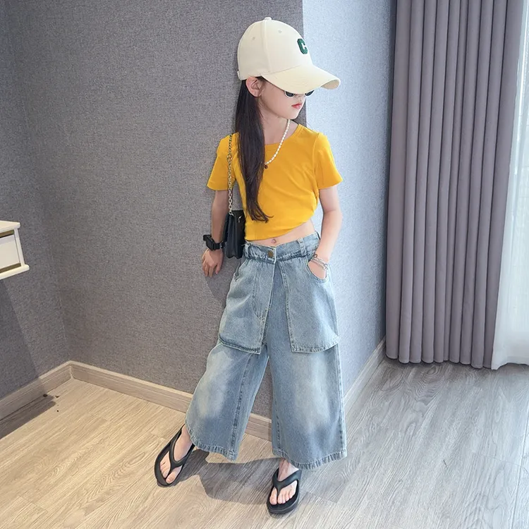 女童夏装2025洋气新款儿童黄色短袖T恤屁帘牛仔裤女孩夏季两件套