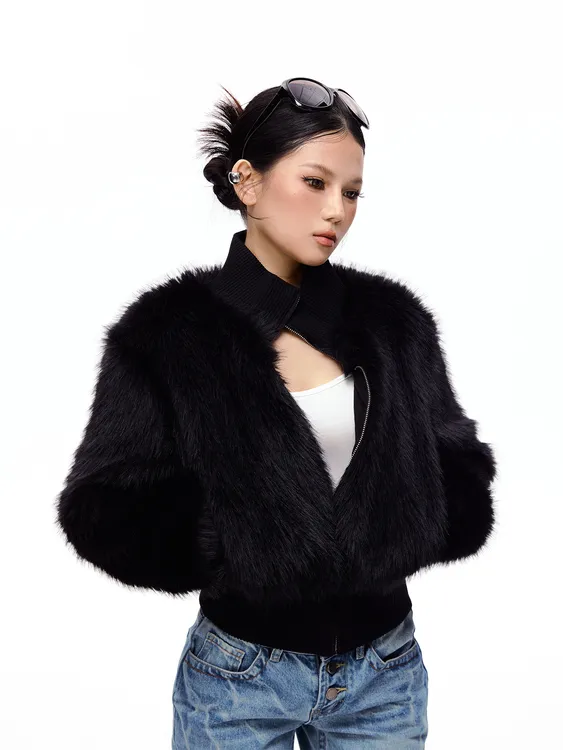 【吉月月】黑色高级感短款正肩立领环保草草外套