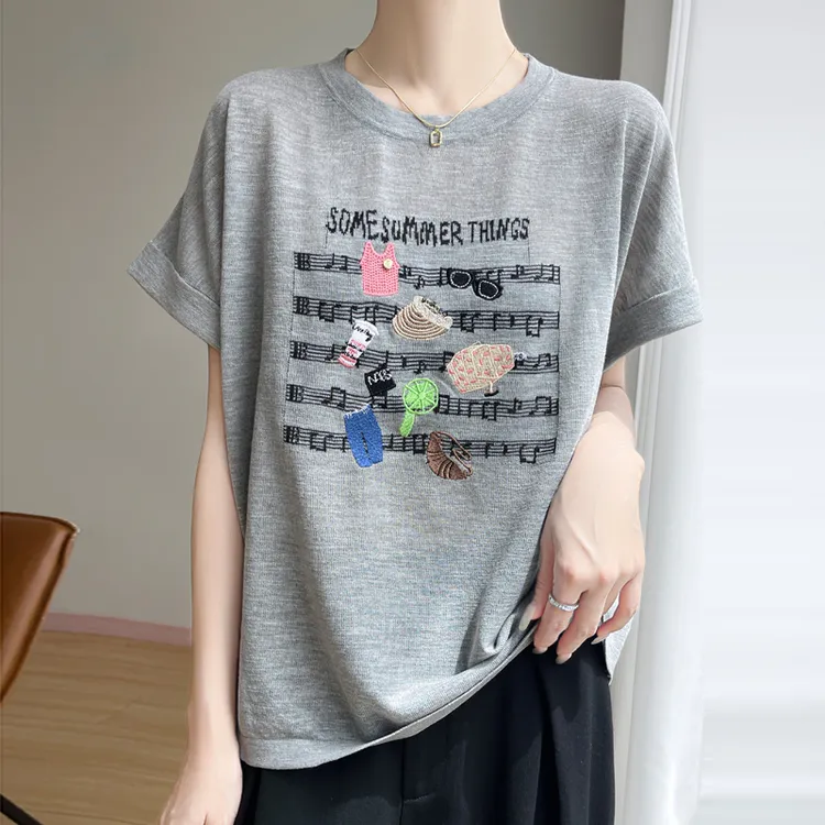 2025夏季新款时尚圆领竹节麻宽松字母百搭T恤