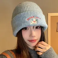 可爱小狗刺绣针织毛线帽女2024年新款秋冬季显脸小百搭大头围帽子