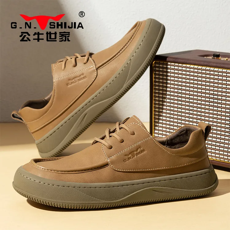 公牛世家男鞋2025冬季新款英伦大头休闲皮鞋男款棕色商务工装板鞋