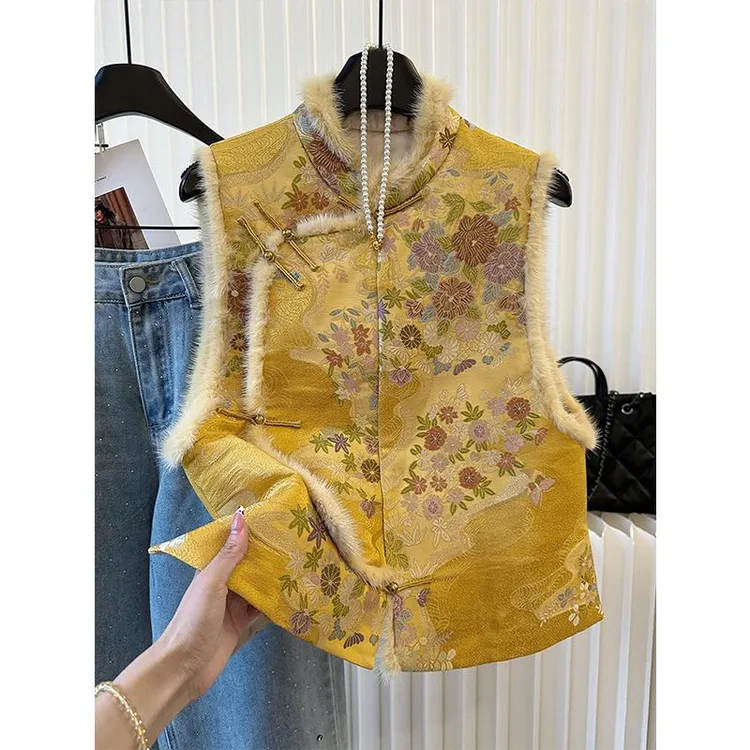 新中式国风马甲背心女秋冬复古唐装盘扣坎肩夹棉加厚拼接毛毛马夹