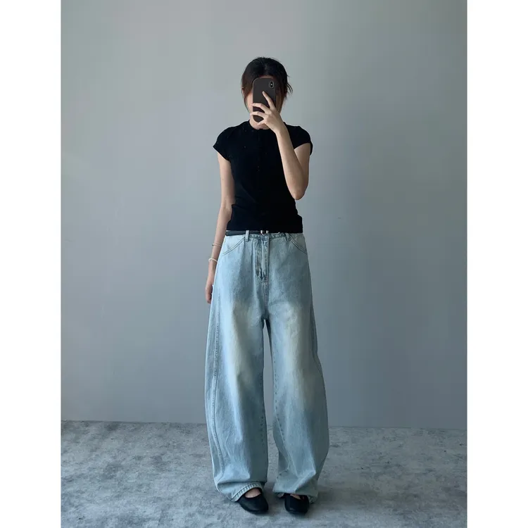 Hazi 浅蓝色弯刀牛仔裤男女夏季宽松显瘦镰刀阔腿裤棉香蕉裤