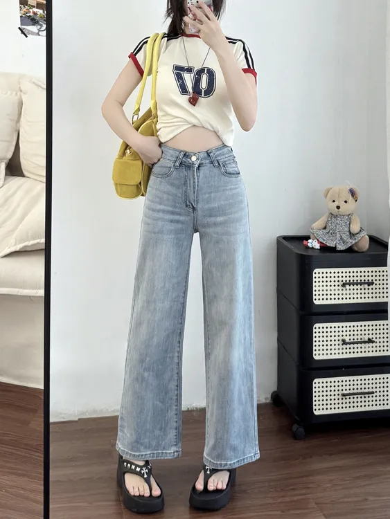 浅蓝色高腰直筒牛仔女夏天薄款新款韩系显瘦小个子九分裤牛仔裤