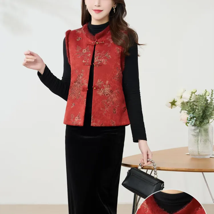 高档国风马夹6-088/08-1女秋冬夹棉保暖气质新中式马甲/长58