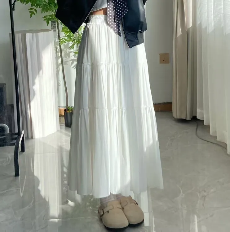 白色温柔风纯色半身裙高腰显瘦气质百搭a字三层蛋糕裙夏季中长款
