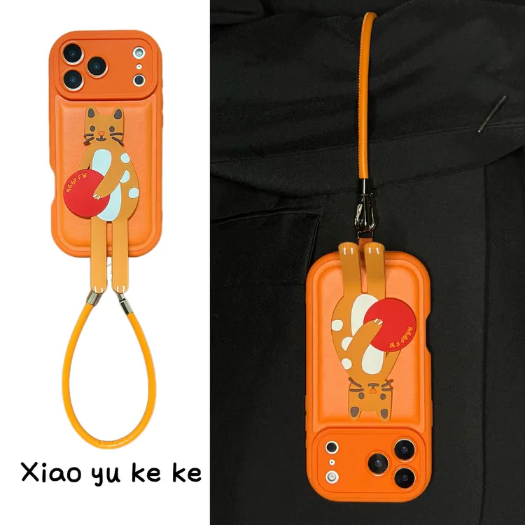 创意胖胖皮纹橙色抱气球猫咪适用iPhone17pro手机壳苹果16pro新15