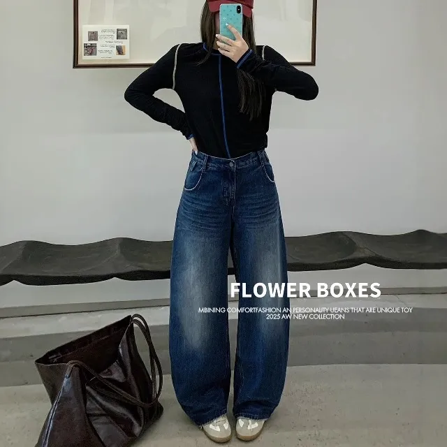FLOWER花匣子牛仔裤女2025冬季新款加绒87608蓝色宽松阔腿弯刀裤