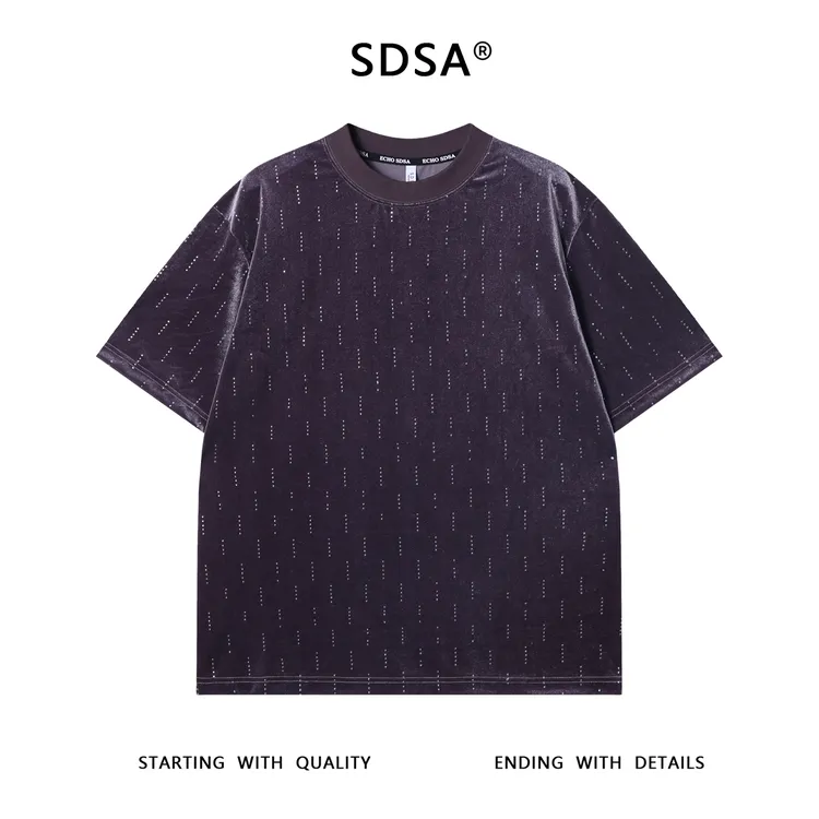 夏季高级感新款男士轻奢绒面虚线短袖T恤百搭宽松潮流圆领上衣