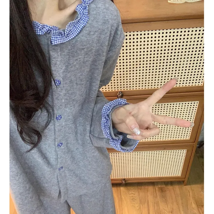 德绒睡衣女秋冬季2025新款加厚韩版甜美荷叶边长袖长裤家居服套装