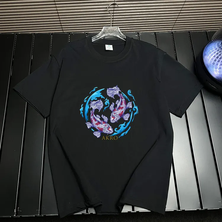 国潮鲤鱼T恤男女款美式潮牌宽松2025夏季新款短袖ins纯棉黑色上衣