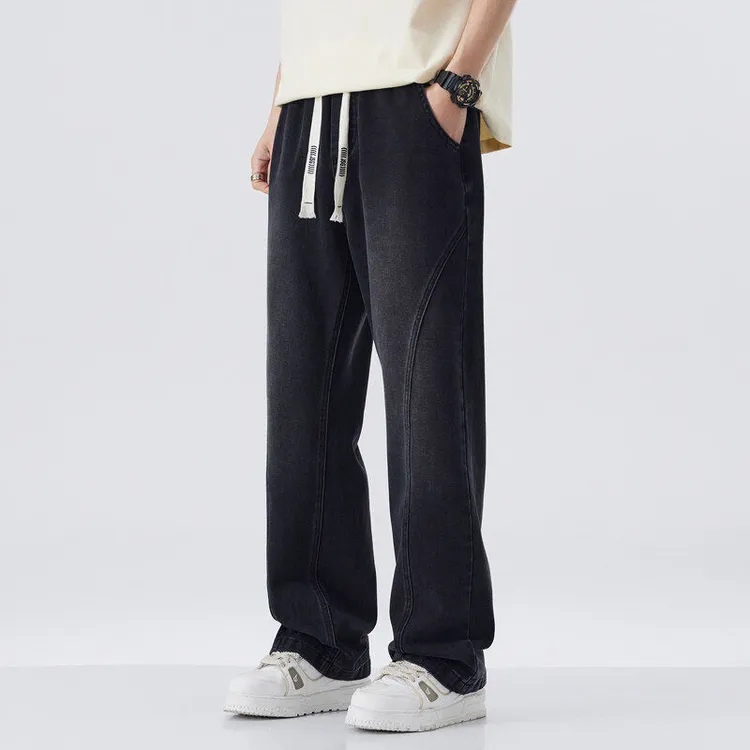 夏季新款美式高街天丝牛仔裤男潮流港风凉感阔腿长裤宽松休闲长裤