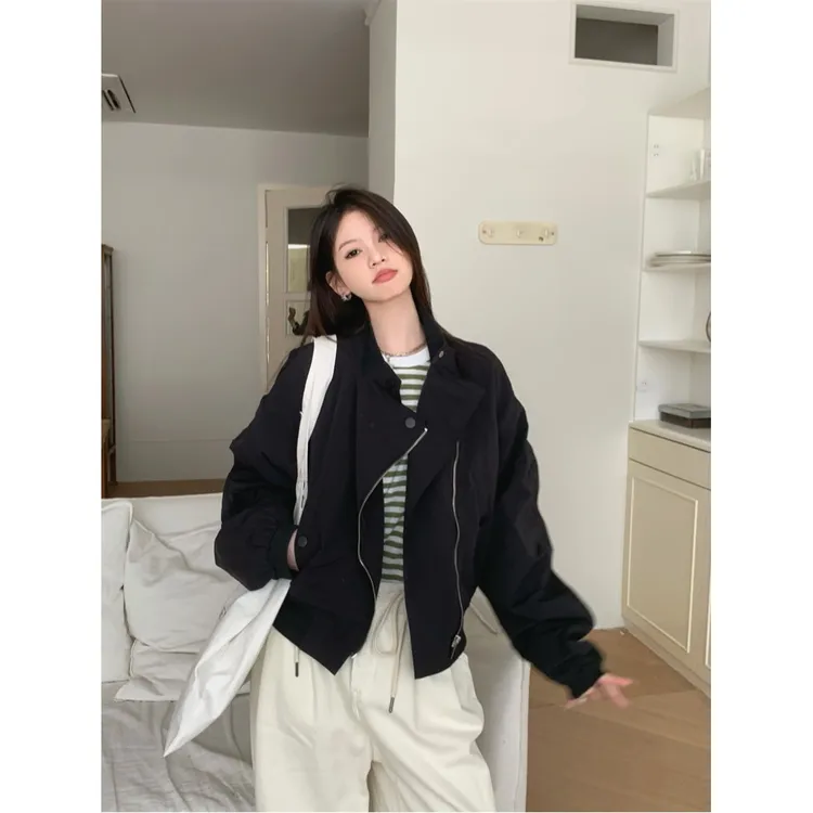 时尚设计感小众网红短款休闲百搭秋季宽松显瘦美式复古立领长袖拼