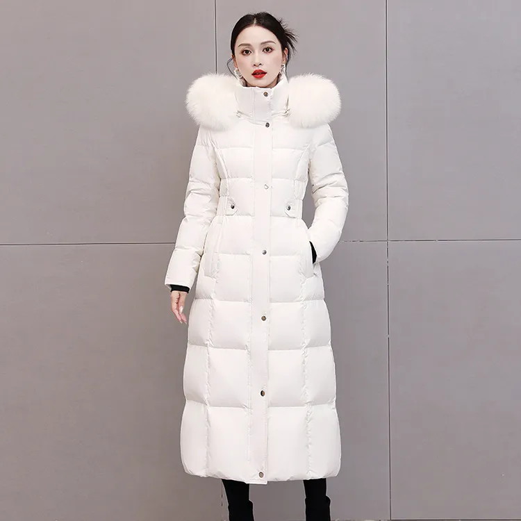 白色羽绒服2025新款中长款修身收腰显瘦过膝95白鸭绒北方防寒外套