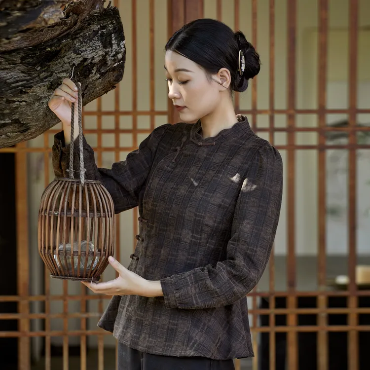 布小匠原创设计桑蚕丝苎麻提花香云纱格子上衣女2025新款复古衬衫