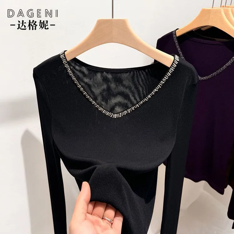 黑色V领网纱打底衫女春季薄款修身显瘦内搭长袖t恤妈妈减龄上衣女