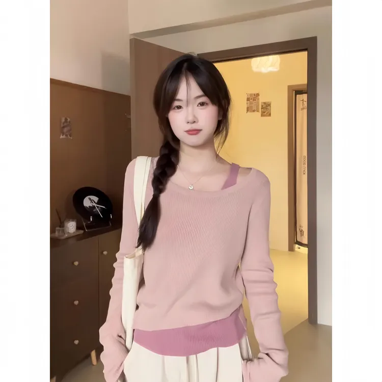 春装新款假两件粉色长袖针织衫女设计感套头显瘦打底露肩打底上衣