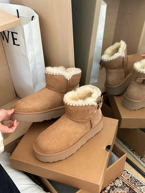 【3352低筒毛线口】河南桑坡冬季女时尚百搭增高羊皮毛包头雪地靴