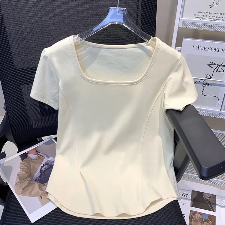 大码200斤方领正肩鱼骨短袖t恤女夏季显瘦小众上衣时尚百搭设计感