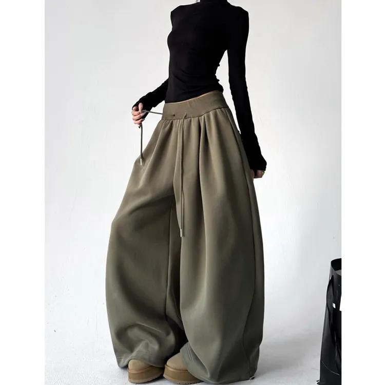 慵懒风高腰抽绳阔腿裤女2025冬装新款加绒宽松垂感弯刀裤休闲长裤