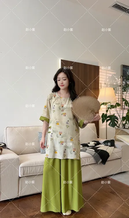 国风绵绸【上衣】短袖圆领薄款夏季人造棉微胖遮肉防晒透气女外穿