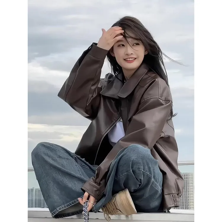 秋冬皮衣外套女2025新款小个子机车服高级感棕色短款休闲夹克上衣