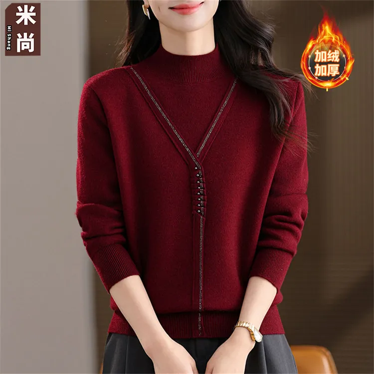 洋气妈妈冬装新款内搭打底衫加绒加厚钉珠毛衣女中老年保暖上衣服