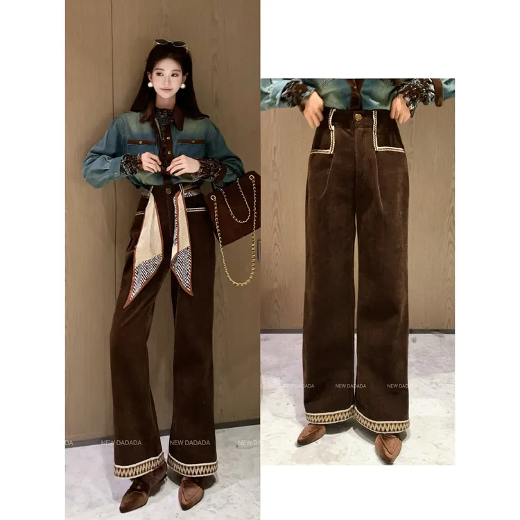 利达 NEW DADADA 复古优雅高腰阔腿裤时尚休闲设计感裤子SDZ3254