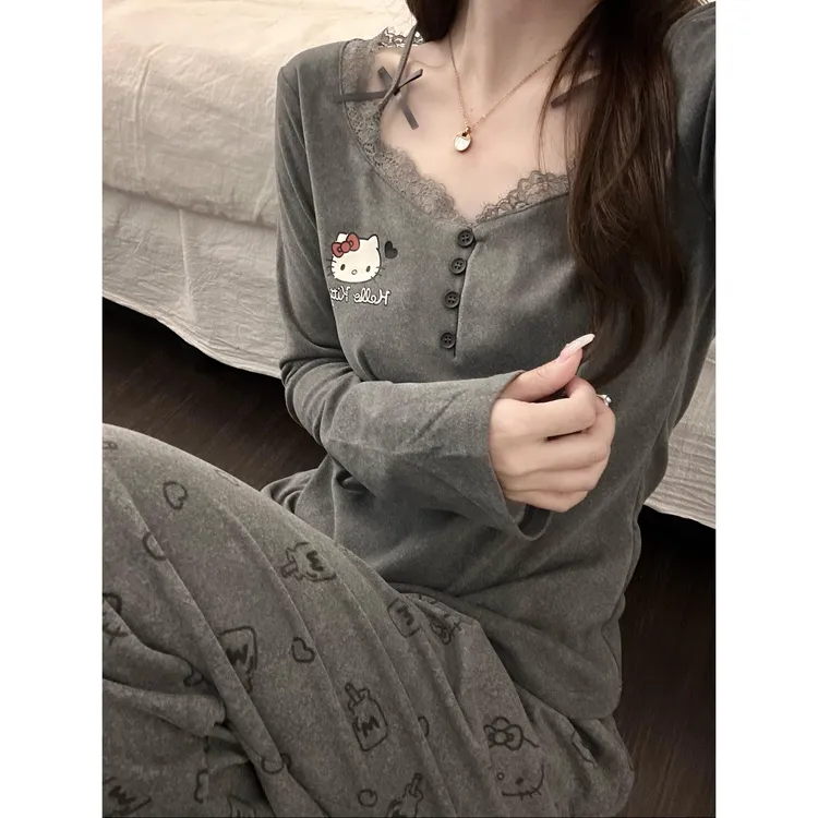 纯欲风蕾丝边kitty印花睡衣女2025春秋新款大码家居服套装可外穿