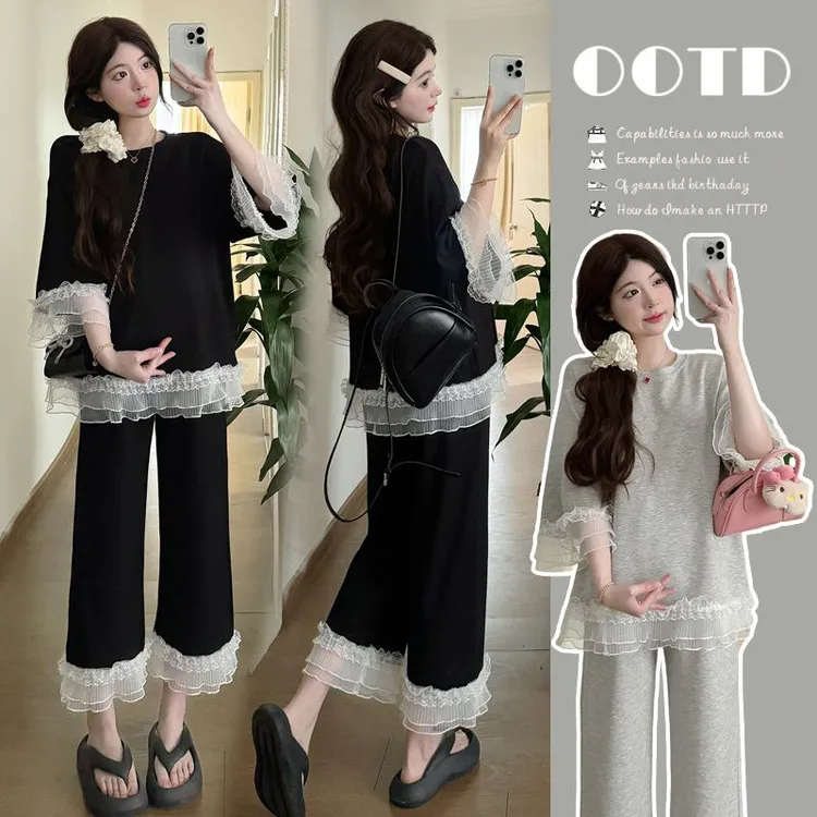 2025夏季孕妇装上衣七分袖拼接蕾丝花边托腹弹力裤套装两件套辣妈