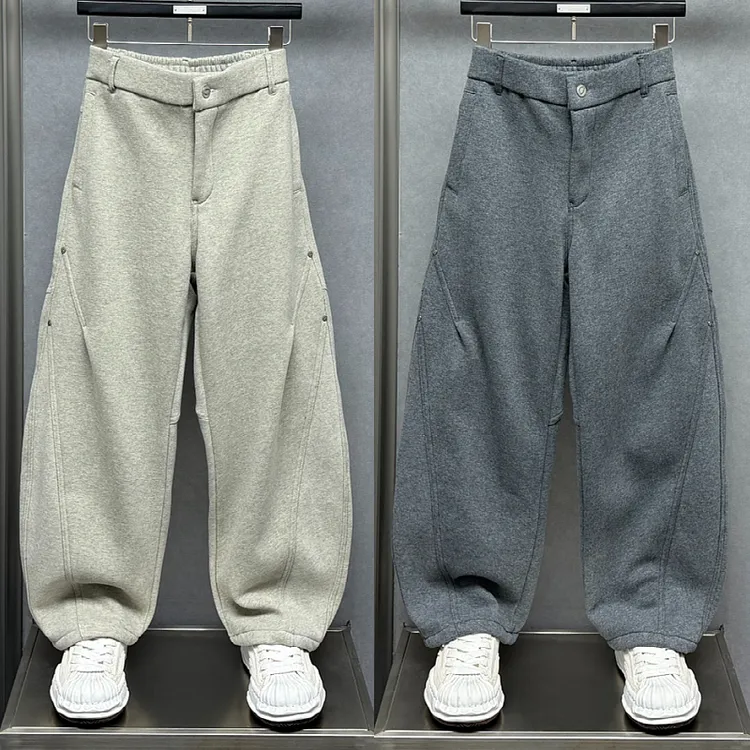 2025秋冬新款加绒加厚潮牌毛呢纯色休闲弯刀卫裤男宽松百搭阔腿裤