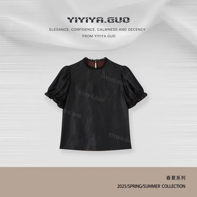 yiyiya.Guo艺艺吖/香云纱小立红色短袖上衣20241320