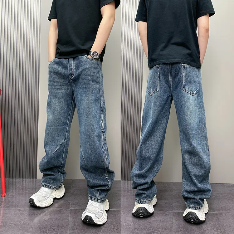 男士冬季新款潮流松紧腰宽松痞帅长裤美式复古加绒加厚水洗牛仔裤