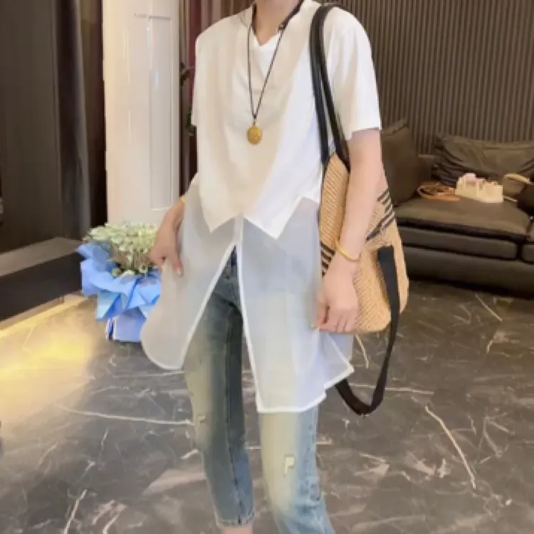 拼接中长款开衩洋气半袖T恤衫