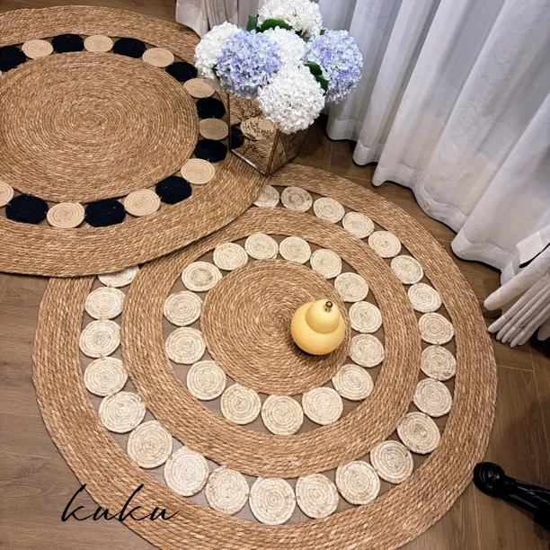 手工蒲草编织圆形地垫客厅茶几卧室地毯装饰【德邦上门平铺发货】