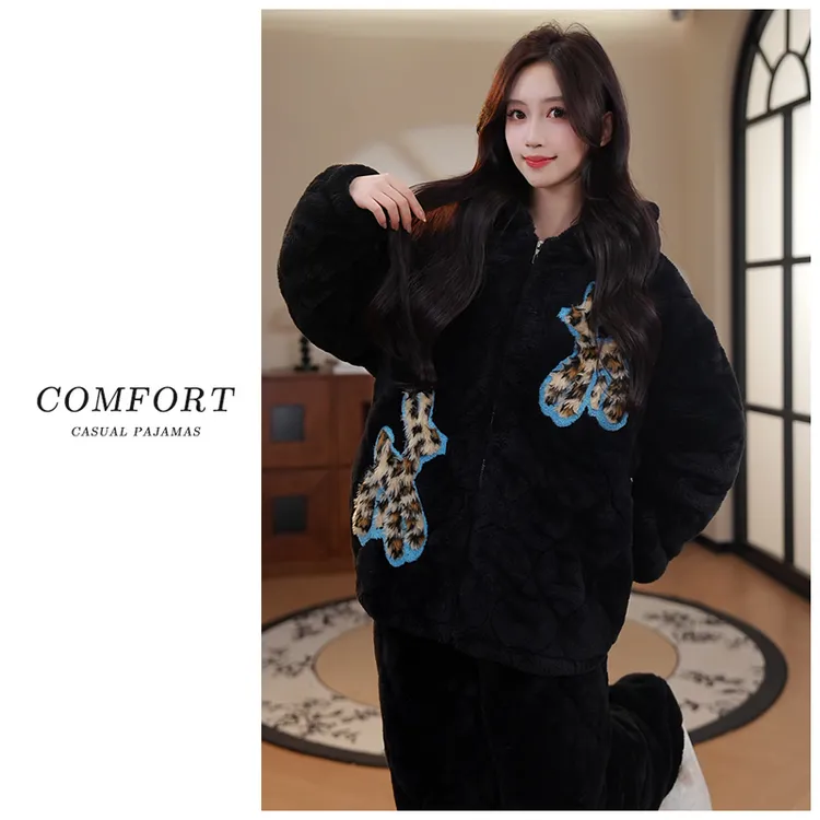 2025冬季长毛绒睡衣女冬季加绒加厚保暖三层夹棉家居服黑色纯色系