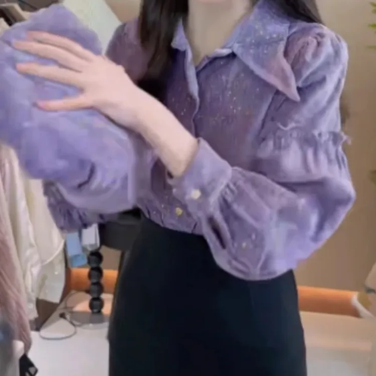 新款高级感紫色长袖衬衫春秋季显瘦气质上衣女装