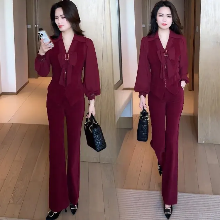 时尚套装女2025春季新款洋气显瘦修身减龄蝴蝶结套装阔腿裤三件套