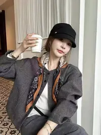 直下摆短款春秋女圆领毛呢外套保暖休闲风W398