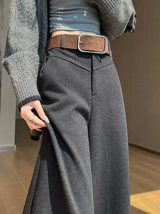 【运费险+送腰带】美拉德咖色毛呢阔腿裤女秋冬季垂感宽松高腰裤子